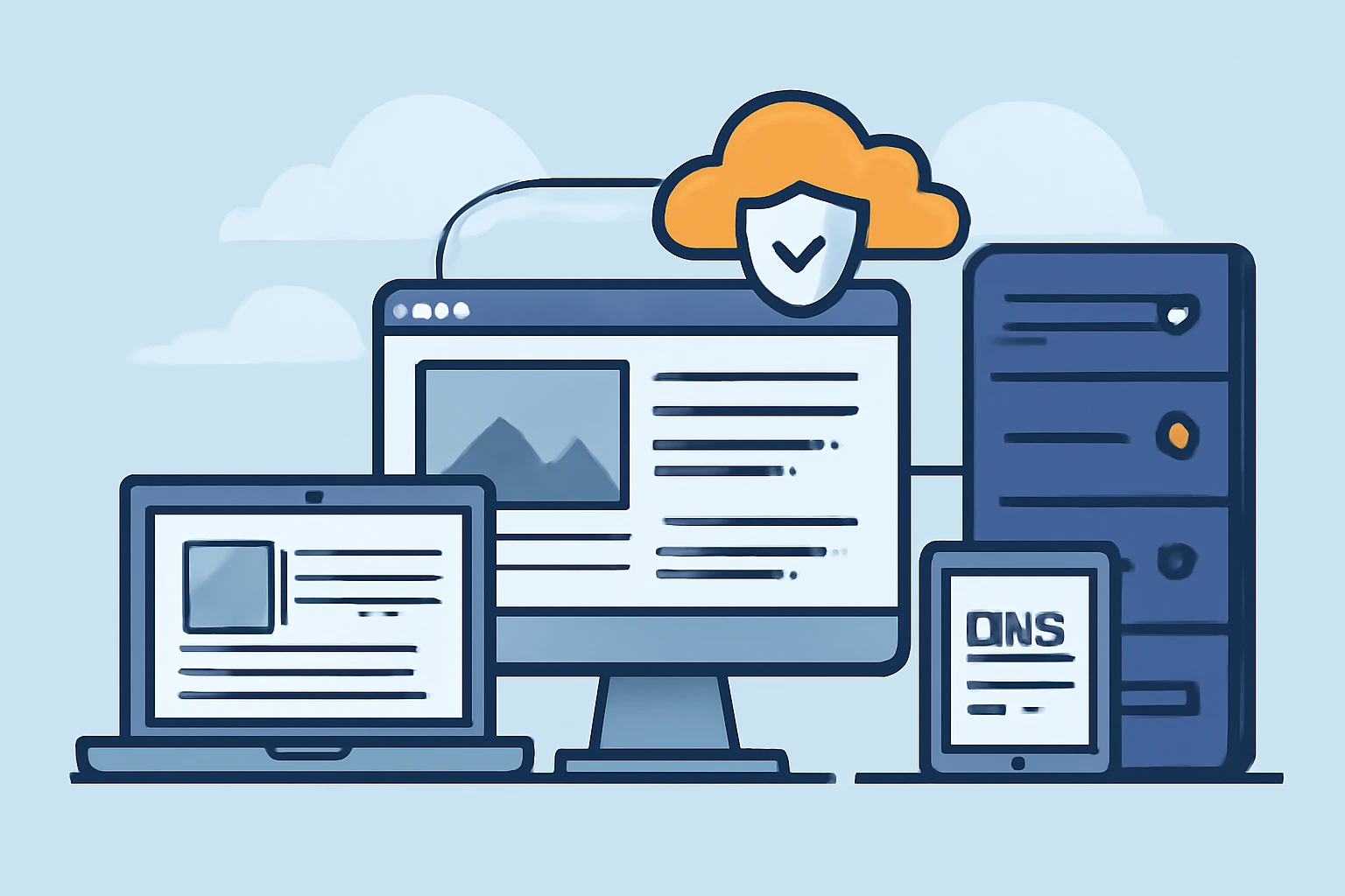 一组平面风格的数字设备图像，展示了云服务器、桌面、笔记本、平板之间的连接