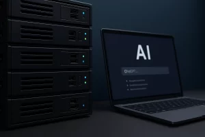 一排服务器和一台正在运行AI应用的笔记本电脑放置在干净整洁的桌面上