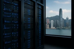 高端服务器机柜与香港维港城市天际线的组合视角