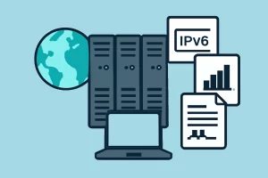 全球化VPS服务器示意图，展示服务器、地球图标、笔记本电脑及代表IPv6、带宽和合同的图标