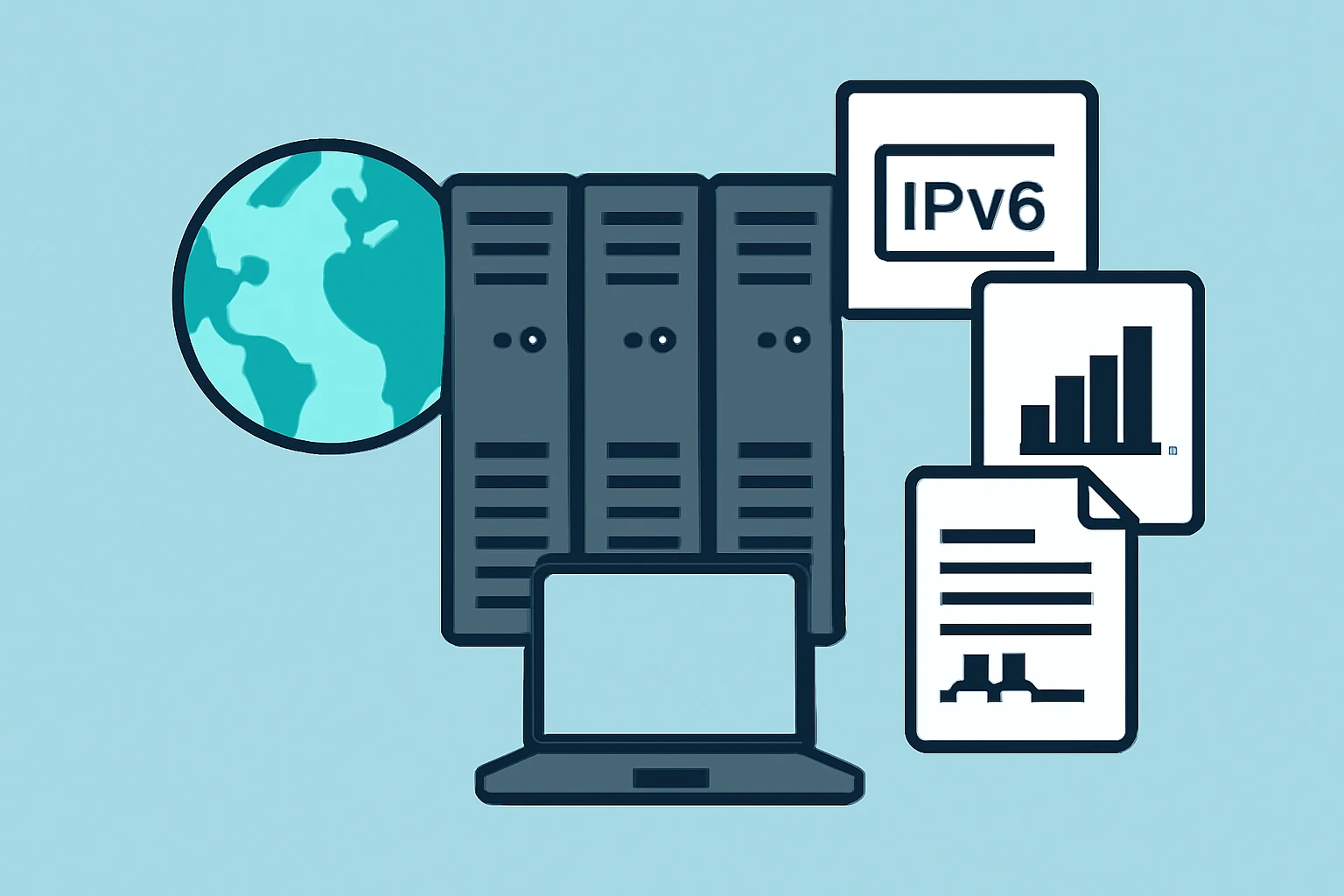 全球化VPS服务器示意图，展示服务器、地球图标、笔记本电脑及代表IPv6、带宽和合同的图标