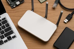 Laptop、白色路由器、SSD、以太网线和主板芯片整齐排列在木质桌面上