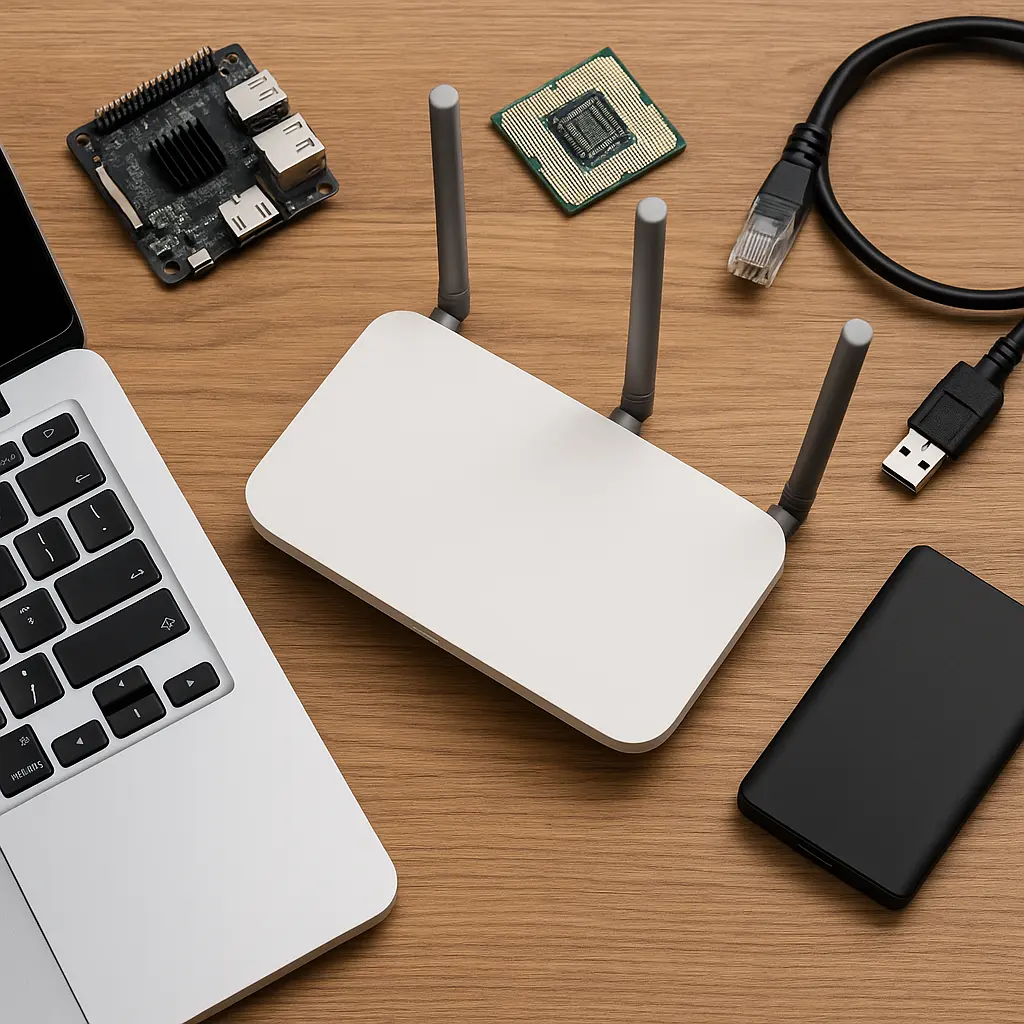 Laptop、白色路由器、SSD、以太网线和主板芯片整齐排列在木质桌面上