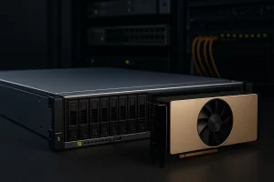 现代数据中心中一台搭载多硬盘托架的1U服务器与一块大功耗GPU显卡并排放置,背景为模糊的机架式设备与网线。
