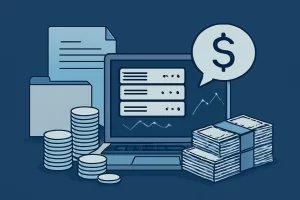 服务器托管成本相关的插图，包括数字基础设施、笔记本电脑、硬币和现金堆叠，象征隐藏支出。