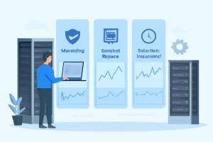 一名工程师站在数据中心的服务器机柜旁，使用笔记本电脑，前方展示三个图表面板，分别代表可用性、网络质量和响应速度等运维指标。