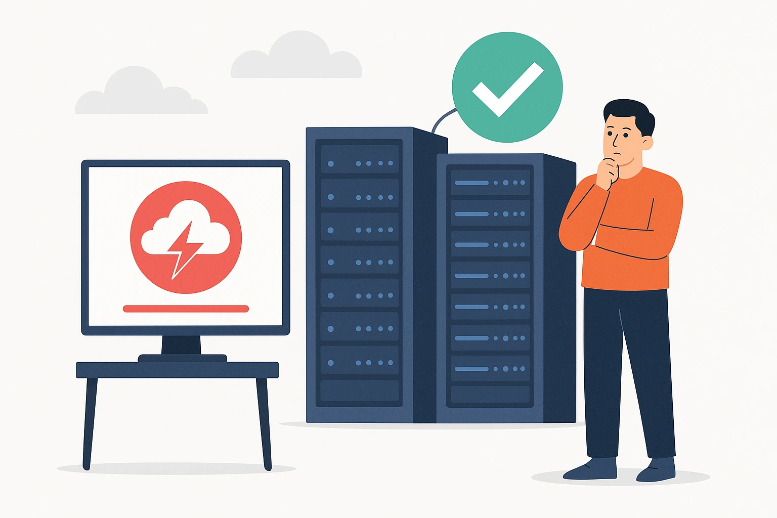 一名男子站在服务器机房中，专注地看着屏幕，屏幕上显示云端故障警告，背景中多个服务器机架稳定运行。