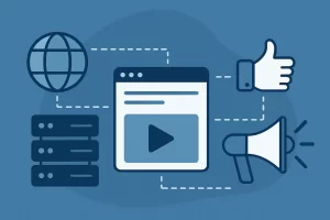 服务器、浏览器、视频播放、社交媒体与广告图标相连的插画