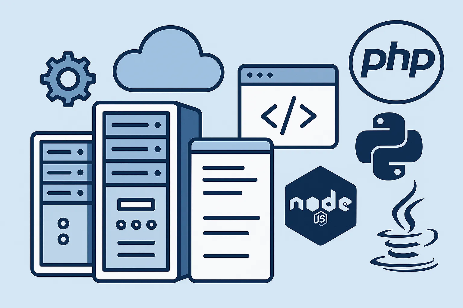 数据中心与云计算插画,展示服务器机柜和云图标,右侧有PHP、Python、Node.js和Java的标志,代表主流建站语言支持