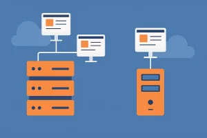 服务器与电脑连接的插画，左侧为多台服务器共享资源，右侧为单台独立服务器运行网站