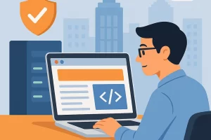 一位网页开发者在办公桌前操作笔记本电脑，背景是现代都市和数据服务器，构成一个安全建站的工作场景