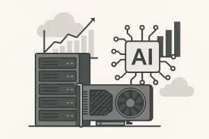 服务器机架和GPU卡展示图，背景包含代表AI与数据增长的图表元素