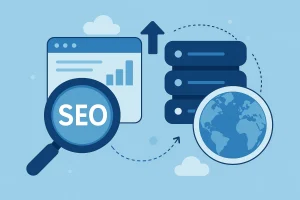 放大镜、SEO图标、服务器、地球和浏览器窗口