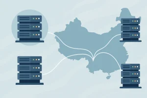 多台服务器通过网络线路连接中国地图