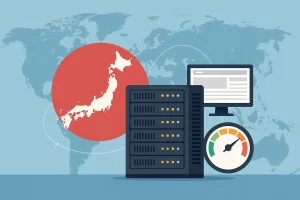 日本服务器图标、访问性能速度表与全球网络背景的组合图