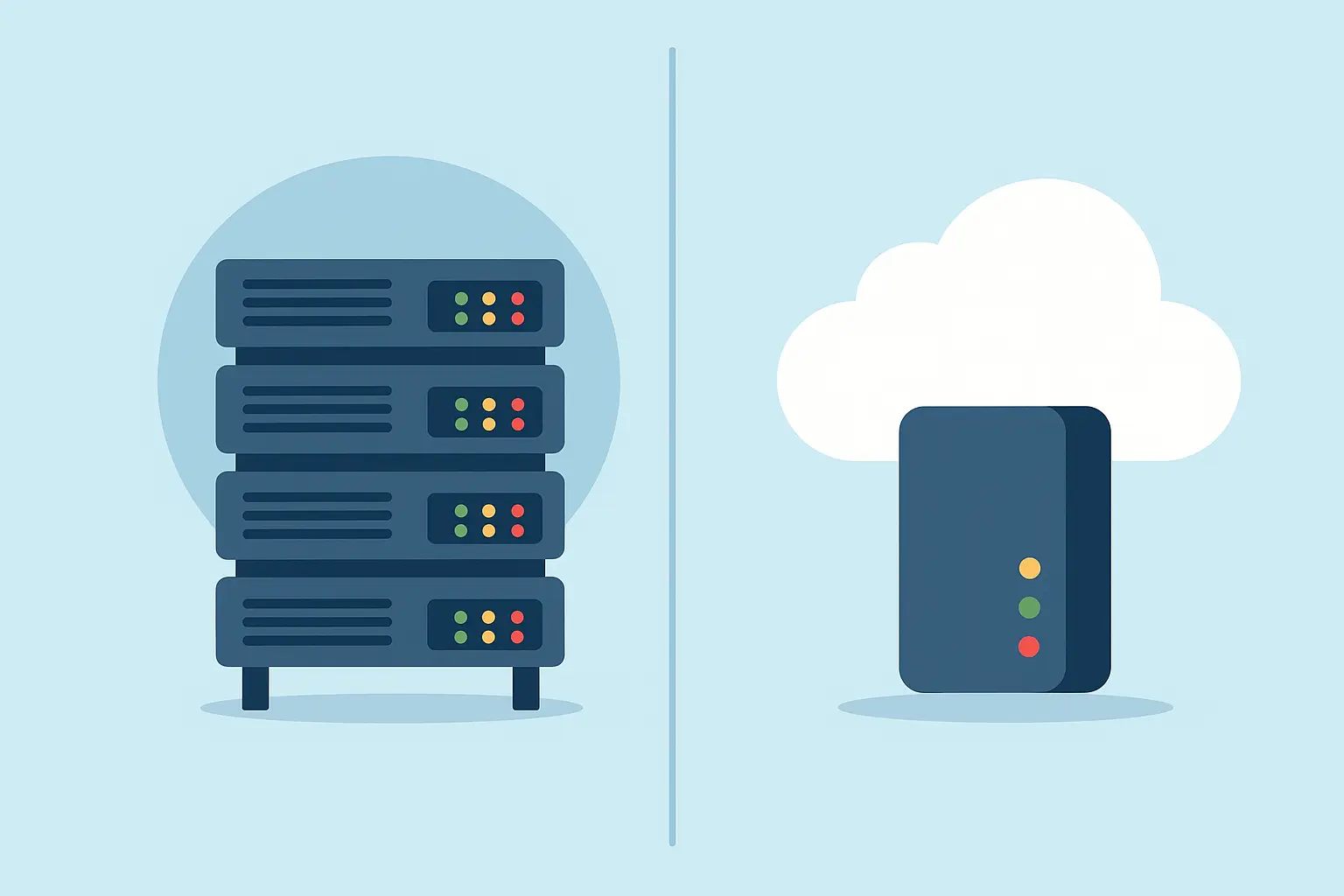 传统服务器机架与云托管服务器的并排对比图