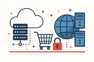 云服务器、购物车与安全锁构成的电子商务与云主机构架概念图