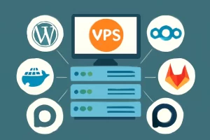VPS服务器中央展示，环绕着多个开源项目图标（如WordPress、Nextcloud、Docker、GitLab、Discourse）