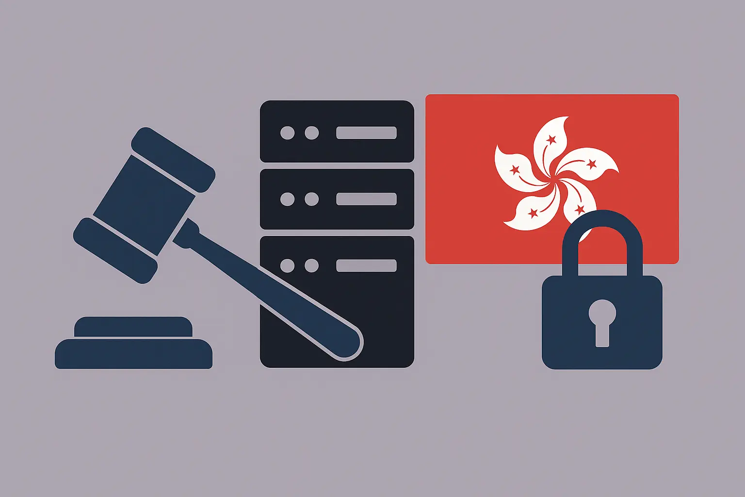 图像中展示了一把法槌、一组服务器、一面香港旗帜以及一个挂锁图标，象征法律、数据中心、本地监管和内容控制。