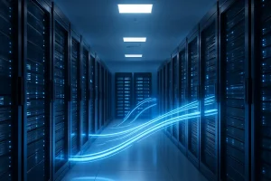 香港现代化数据中心内部展示，包含VPS与独立服务器机柜，象征高速稳定的主机性能。