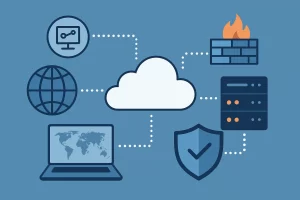 互联图标与云主机组成的网络结构图，展示访问节点间的连接状态