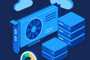 一张展示GPU显卡、云服务器堆叠与测速仪的2D等距插画，背景为深蓝渐变