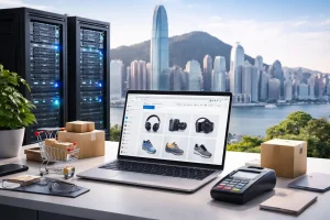 一台展示商品页面的笔记本电脑放在办公桌上，背景为香港城市天际线和服务器机架