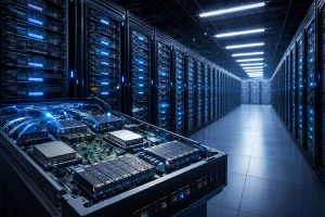 现代数据中心机房内的服务器机柜与打开的服务器硬件特写