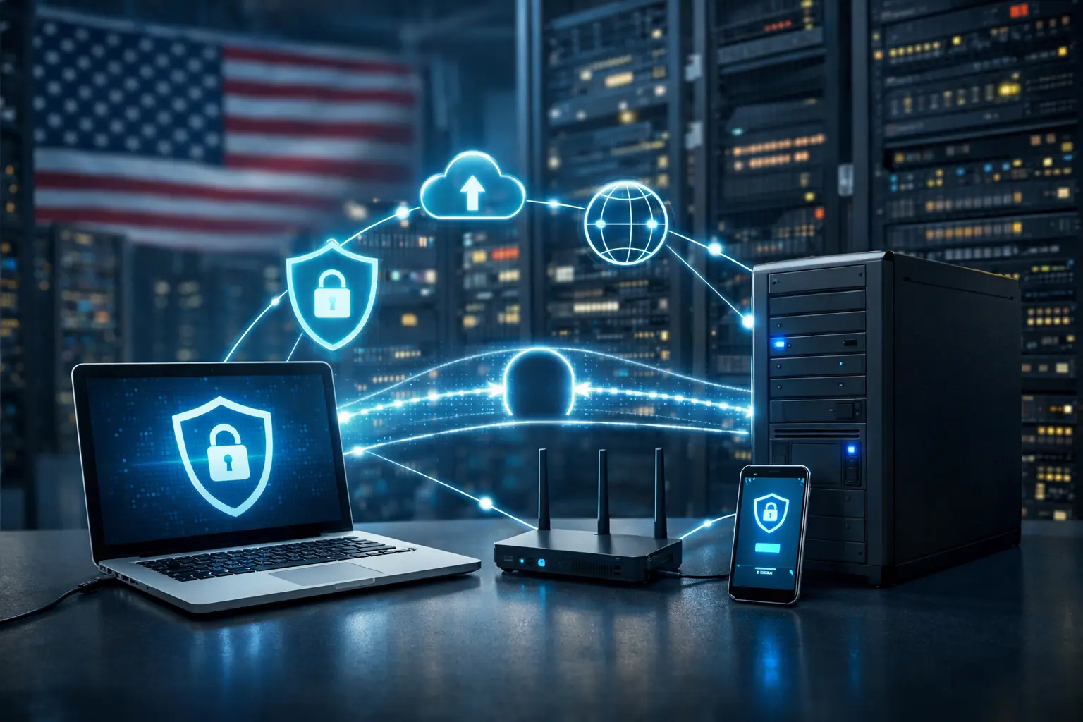 一位戴着头戴耳机的工程师正坐在多屏工作站前，屏幕上显示网络连接与安全相关的图表和代码界面。