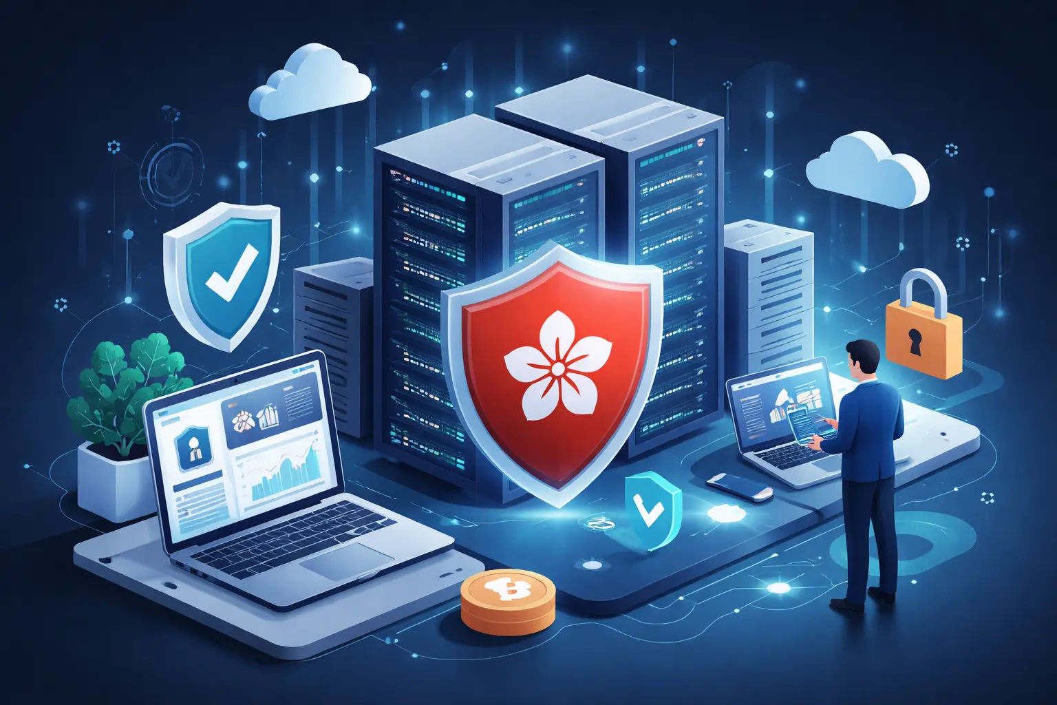 多台服务器机柜前方展示一个带有香港花形图案的红色盾牌，周围环绕笔记本电脑、锁、云图标和安全图标。