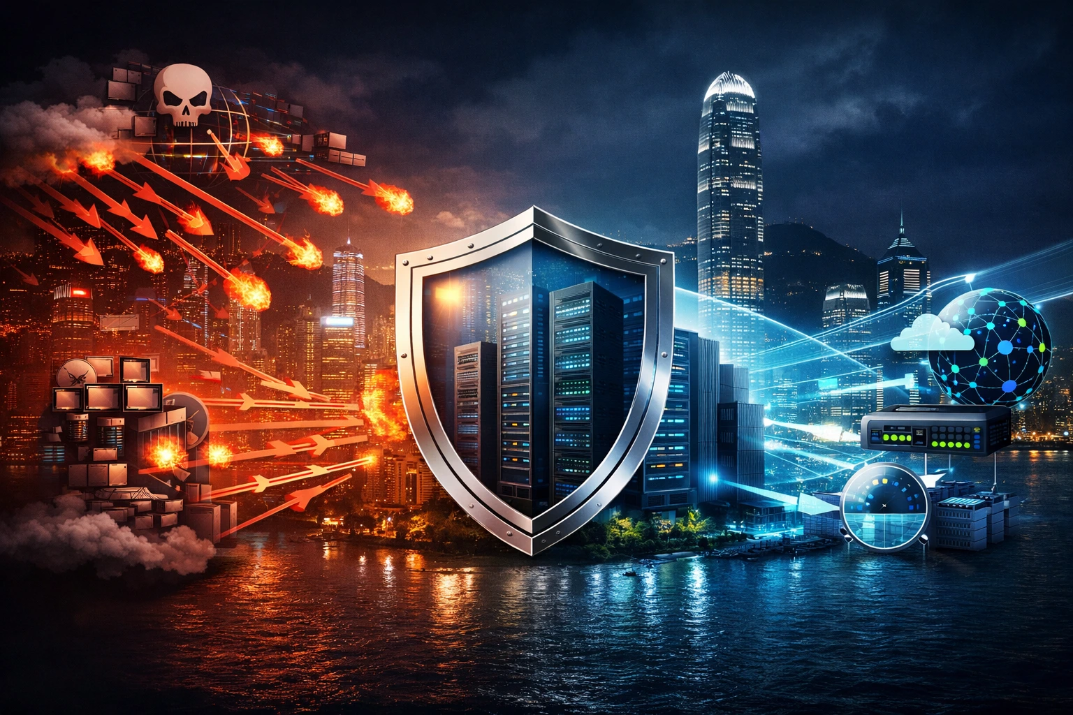香港夜景中，一座数据中心正受到左侧火焰箭头的攻击，右侧防护设备发出蓝色光线进行防御