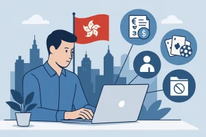 香港数据中心环境，宽敞的服务器机柜整齐排列，蓝色冷光照亮设备，呈现稳定安全的托管氛围