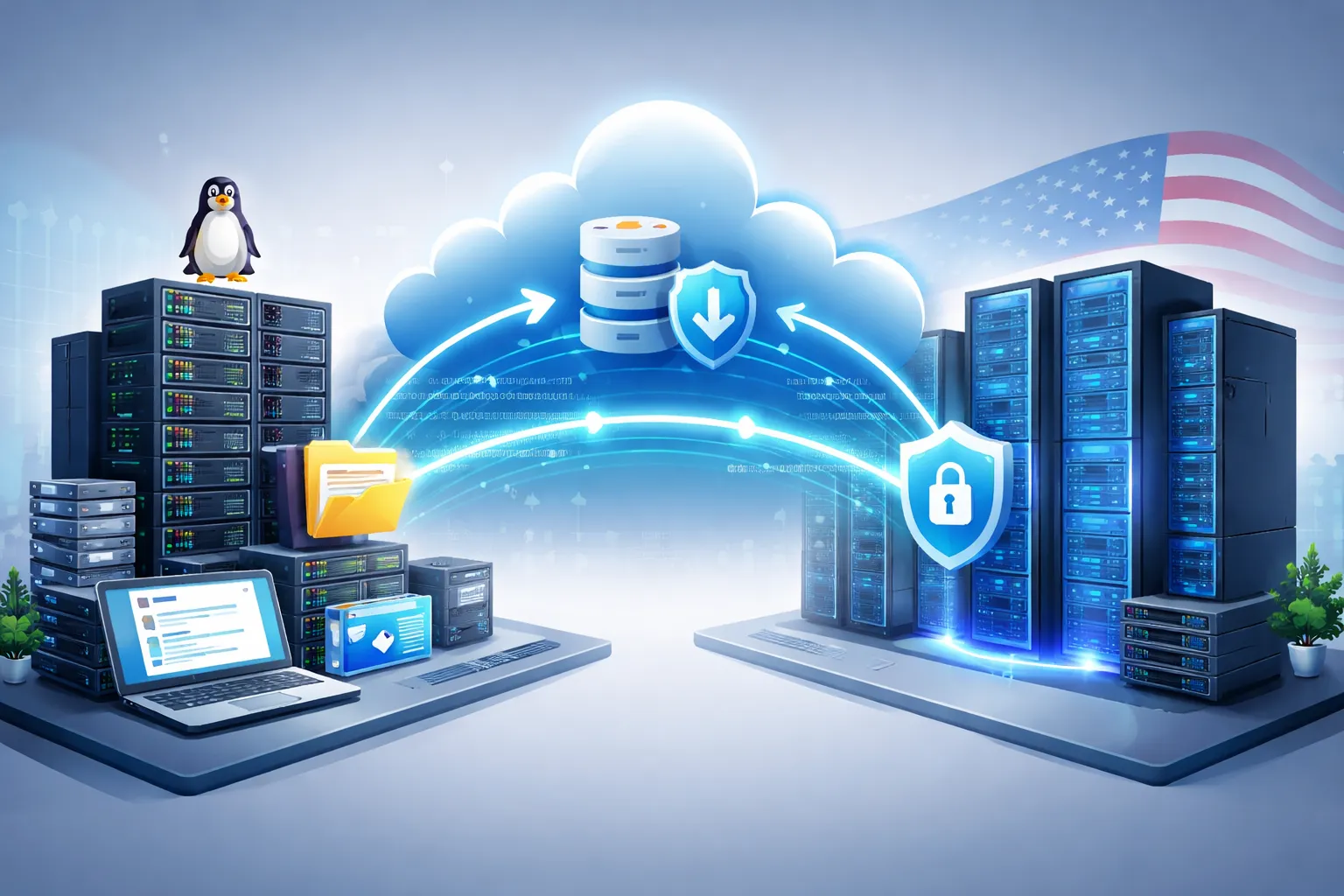 横向插画展示左侧本地服务器与右侧数据中心服务器通过云端通道进行数据迁移