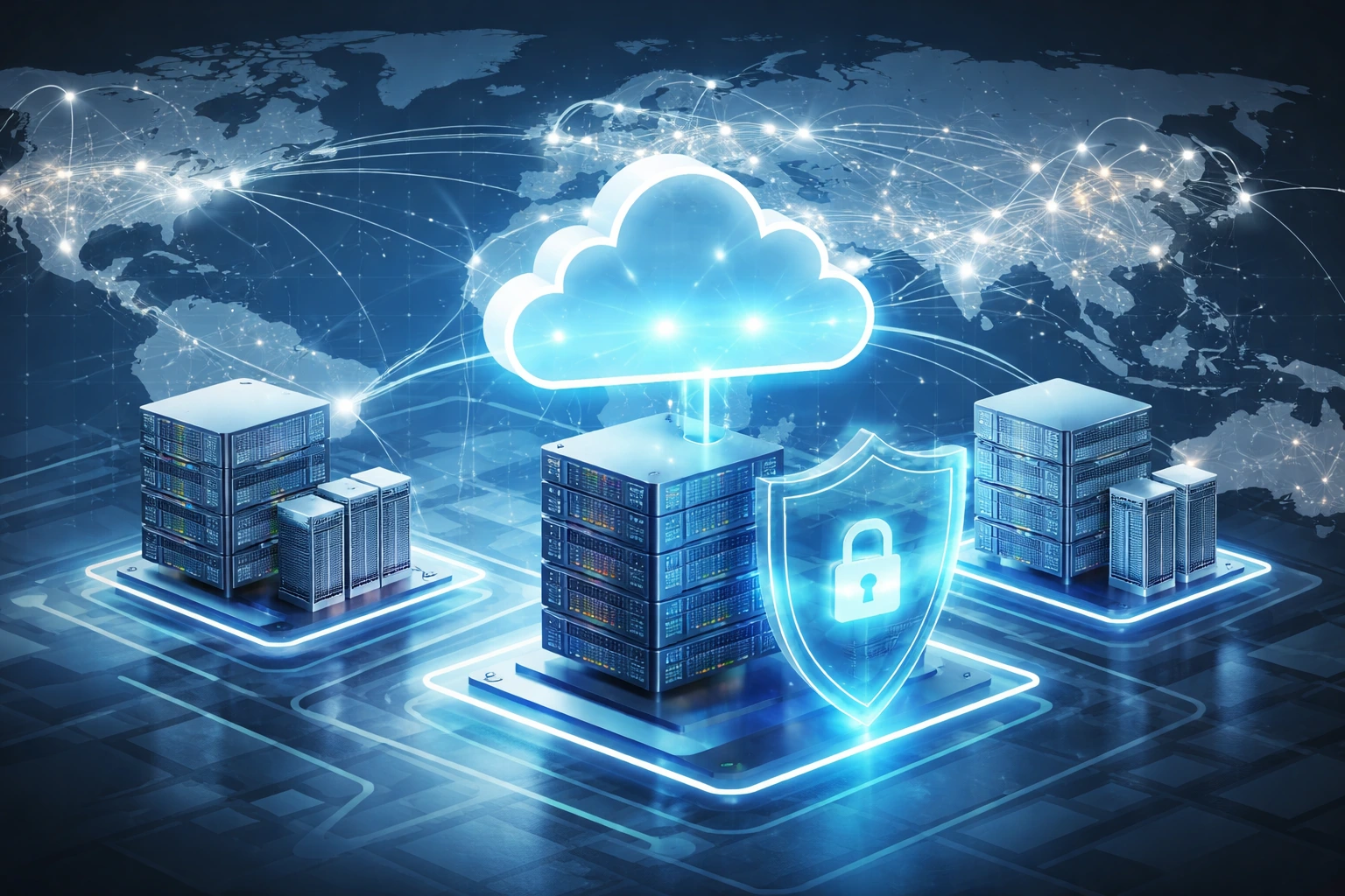 全球各地云服务器通过加密路径连接，体现跨境数据合规传输