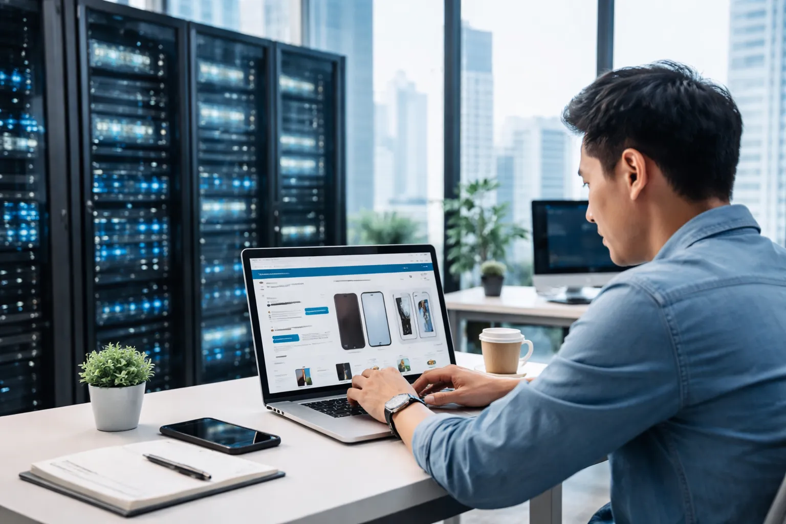 一位亚洲男性坐在现代办公室中使用笔记本电脑，桌上摆放着植物、手机和咖啡杯，背景可见数据服务器和城市天际线