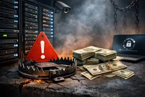 数据中心服务器机柜前方的地面上放置着一个金属捕兽夹，旁边有成堆的美元钞票和一台显示锁定图标的笔记本电脑