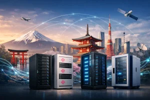 日本地标背景前并排摆放的多台服务器机柜，画面中可见富士山、东京塔、传统建筑与现代城市天际线