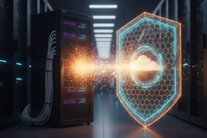 数据中心机房内物理服务器机柜与发光的数字化蜂窝状盾牌对比图