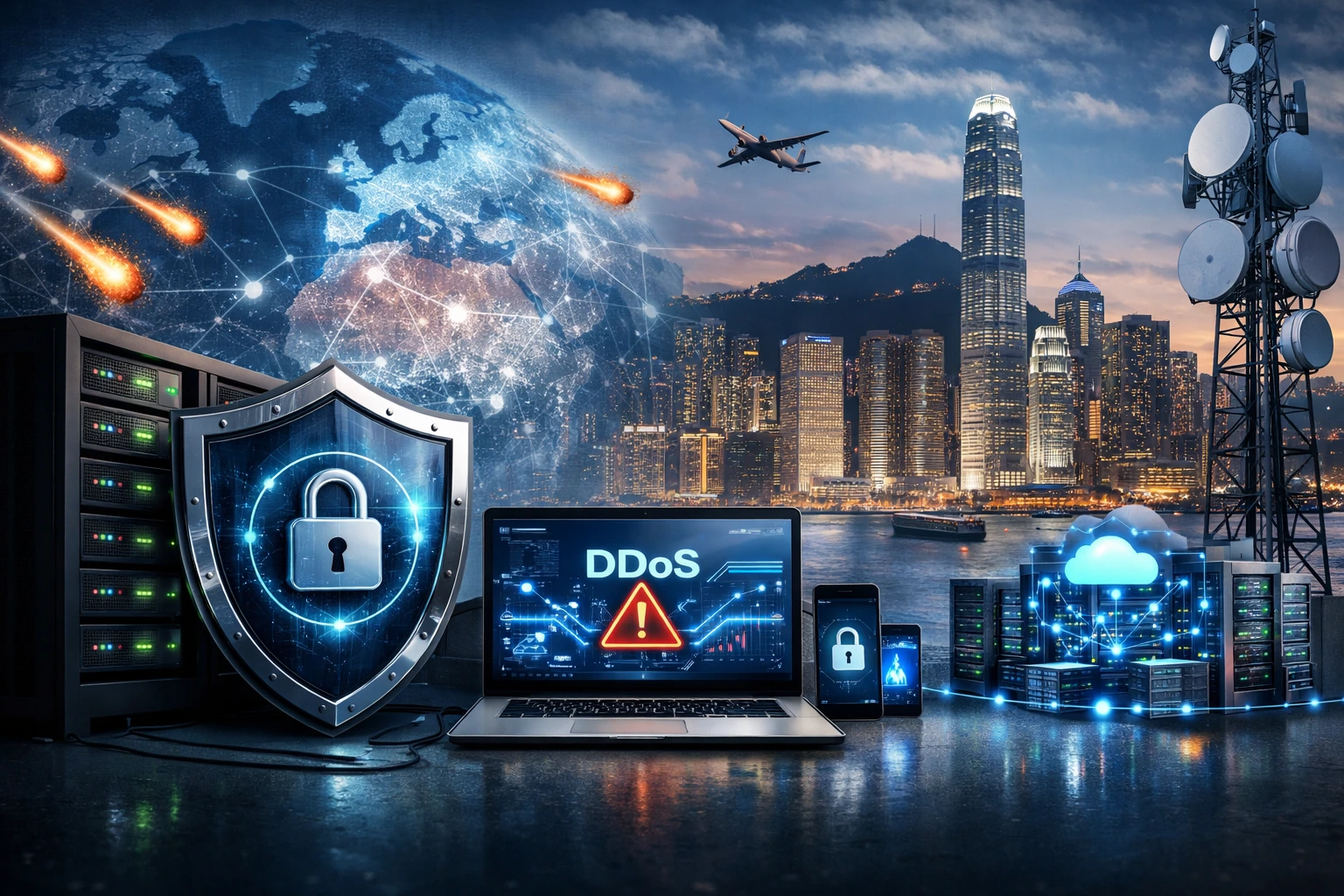 数据中心服务器机柜、网络安全盾牌图标、数字地球、香港城市天际线、通信天线和多台计算设备的合成画面