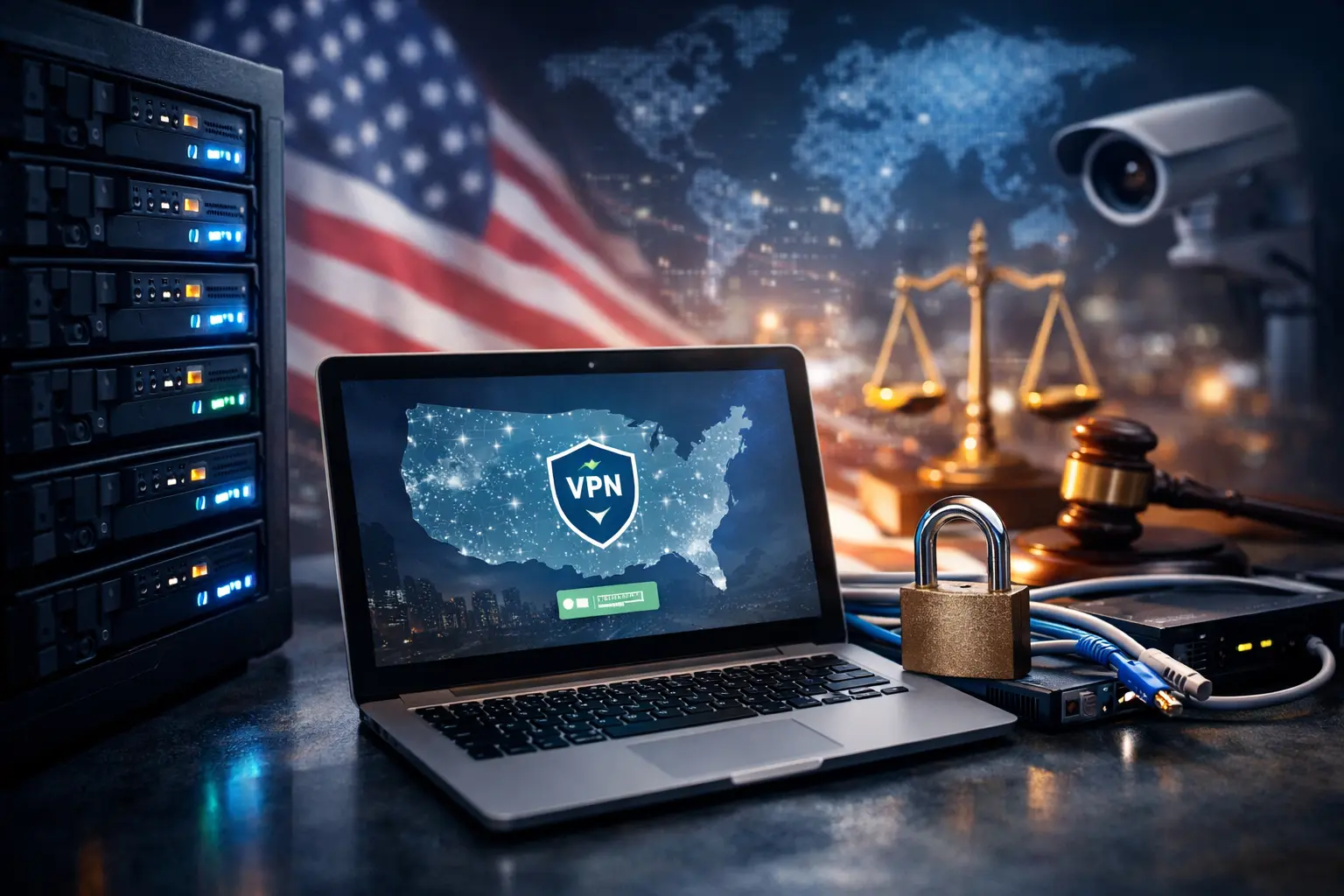 美国数据中心内的服务器机柜与网络设备，背景呈现抽象化的美国地图轮廓