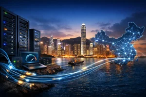 一艘货船驶向香港夜景，背景为数据中心服务器与连接中国大陆的网络光缆