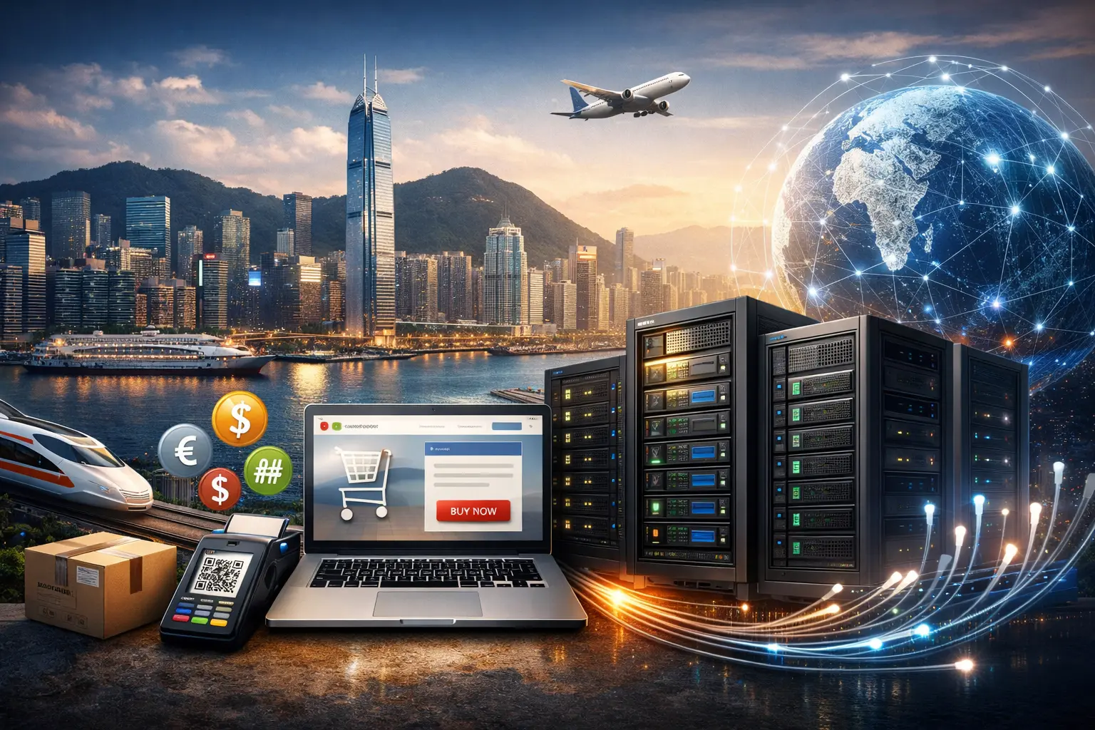 香港城市背景下展示的服务器机房、笔记本电脑在线购物界面、支付终端和物流元素的复合场景