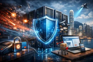 香港城市背景下的数据中心，中央有大型发光盾牌，前景展示POS终端、购物车与电子设备，伴有二进制攻击场景与监控装置