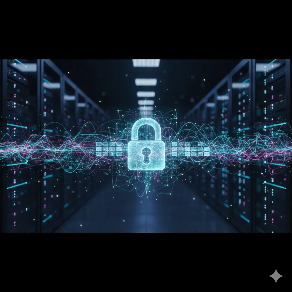 美国数据中心服务器数据隐私保护与全息安全防护概念图