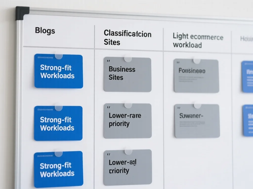 网站场景适配分类板，对比博客、企业站、轻电商等 workload 与香港 VPS 的匹配度