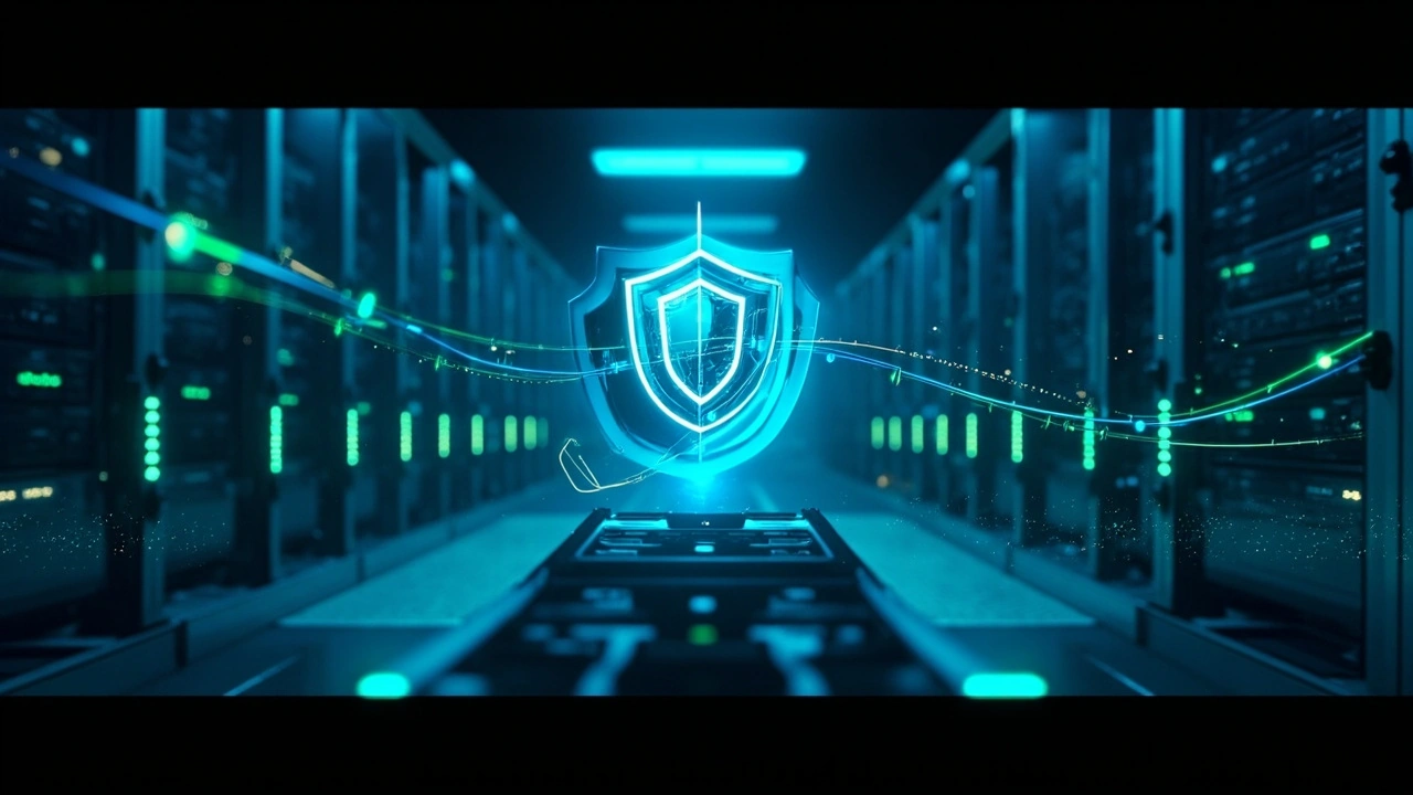 服务器安全防护核心概念配图，展示机房服务器与安全防护