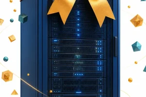 Hostease 年中促销蓝色服务器机架配金色丝带装饰