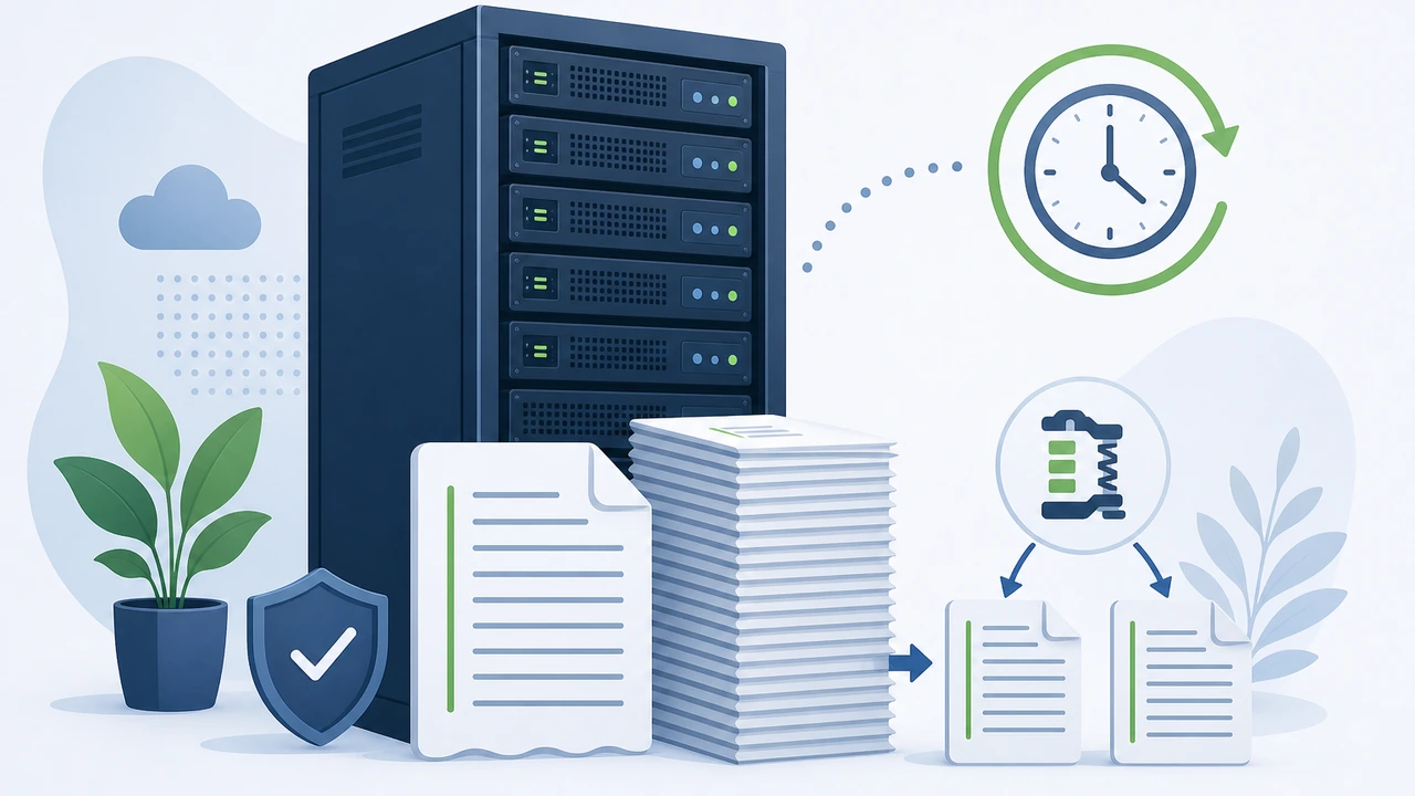 nginx 日志轮转与切割实战封面图，展示服务器日志被切割归档并压缩