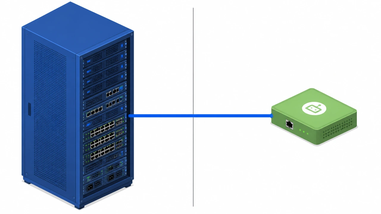 Zabbix 服务端与被监控主机代理连接示意图，左侧大服务器机架与右侧小代理节点通过蓝色连线相连