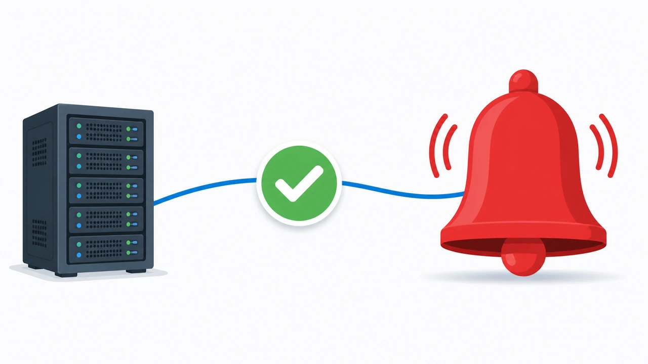 Zabbix 告警流程示意图，左侧服务器机架经绿色对勾到右侧红色告警铃铛